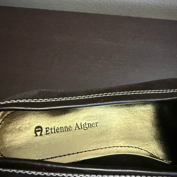 Etienne Aigner Solo Black Suede Gold Buckle Slip On Loafers 7.5M Comfort - Picture 4 of 6